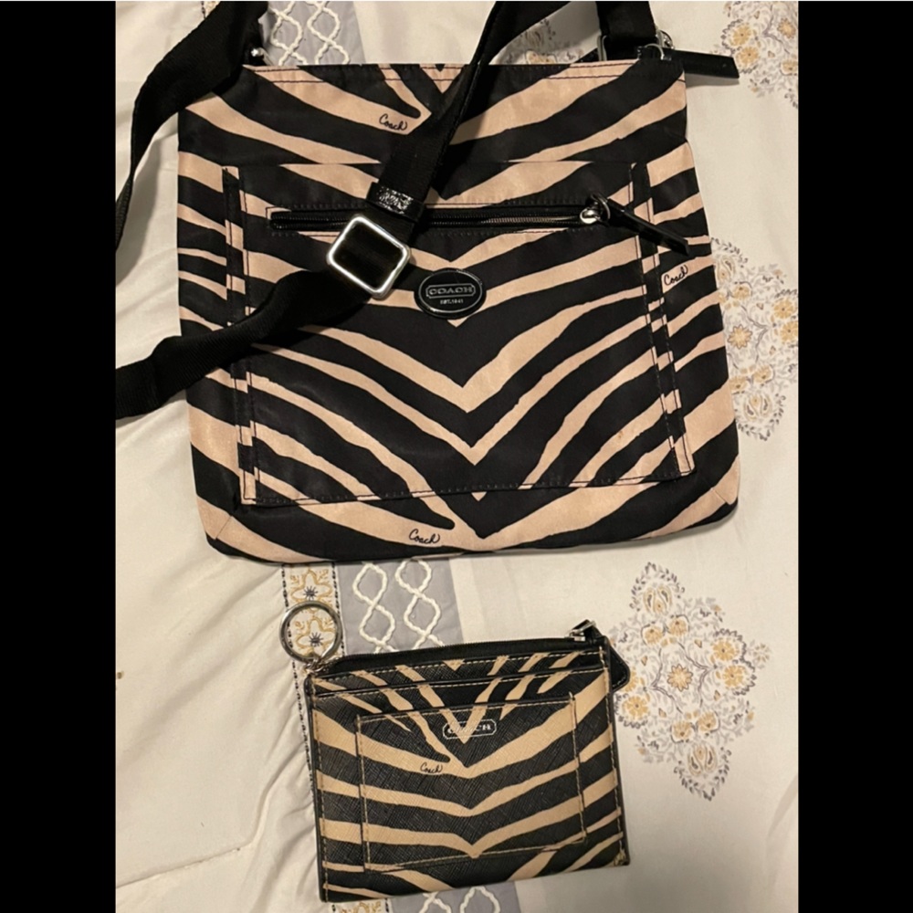 Coach Zebra print Black and Cream Crossbody Bag and matching Keychain wallet
